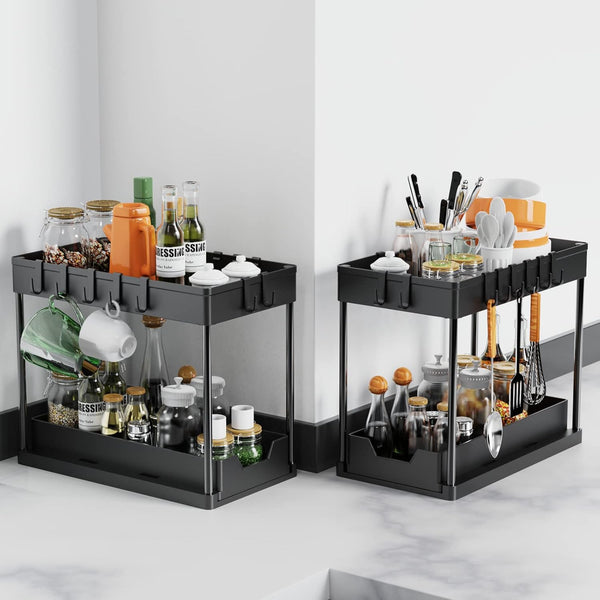 Carla Home 2 Pack Under Sink Organizer With Pull Out Basket And Hooks For Bathroom & Kitchen Sink Organisers
