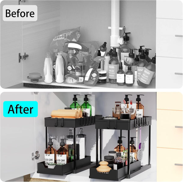 Carla Home 2 Pack Under Sink Organizer With Pull Out Basket And Hooks For Bathroom & Kitchen Sink Organisers
