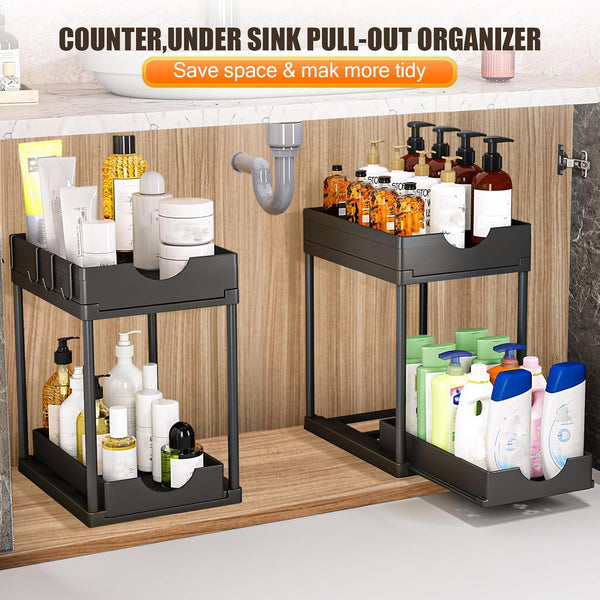 Carla Home 2 Pack Under Sink Organizer With Pull Out Basket And Hooks For Bathroom & Kitchen Sink Organisers