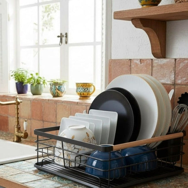 Carla Home Dish Drying Rack With Wooden Handles Removable Cutlery Holder Drainboard For Kitchen Countertop Racks & Holders