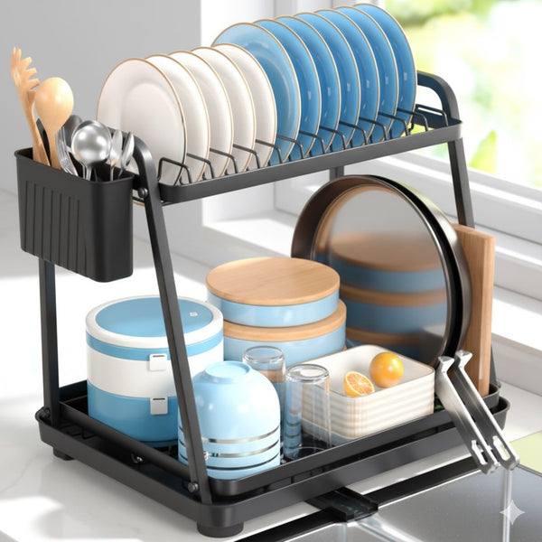 Carla Home 2 Tier Dish Drying Rack For Kitchen Countertop With Drainage Tray Utensil Holder Cutting Board Slot & Cup Hooks Sink Organisers