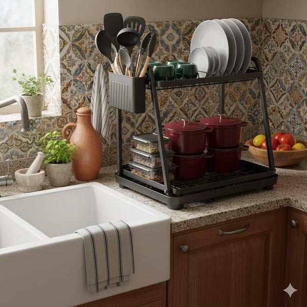 Carla Home 2 Tier Dish Drying Rack For Kitchen Countertop With Drainage Tray Utensil Holder Cutting Board Slot & Cup Hooks Sink Organisers