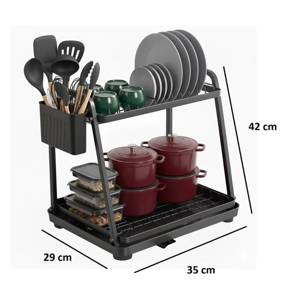Carla Home 2 Tier Dish Drying Rack For Kitchen Countertop With Drainage Tray Utensil Holder Cutting Board Slot & Cup Hooks Sink Organisers