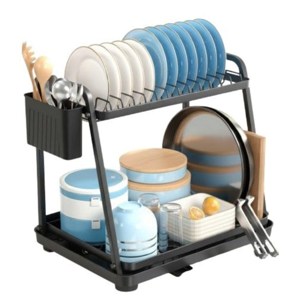 Carla Home 2 Tier Dish Drying Rack For Kitchen Countertop With Drainage Tray Utensil Holder Cutting Board Slot & Cup Hooks Sink Organisers