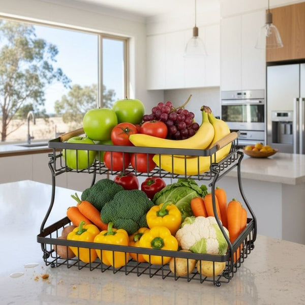 Carla Home 2 Tier Fruit Basket Metal Storage Bowl Kitchen Counter Organizer With Handles For Fruits Vegetables Snacks & Bread Storage Bins & Baskets