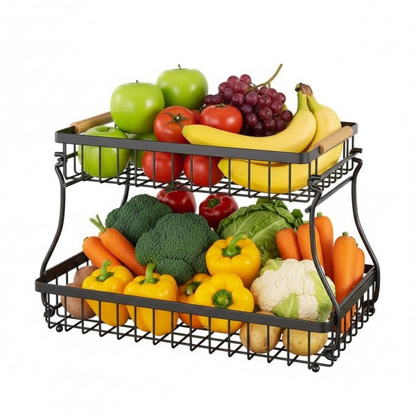 Carla Home 2 Tier Fruit Basket Metal Storage Bowl Kitchen Counter Organizer With Handles For Fruits Vegetables Snacks & Bread Storage Bins & Baskets