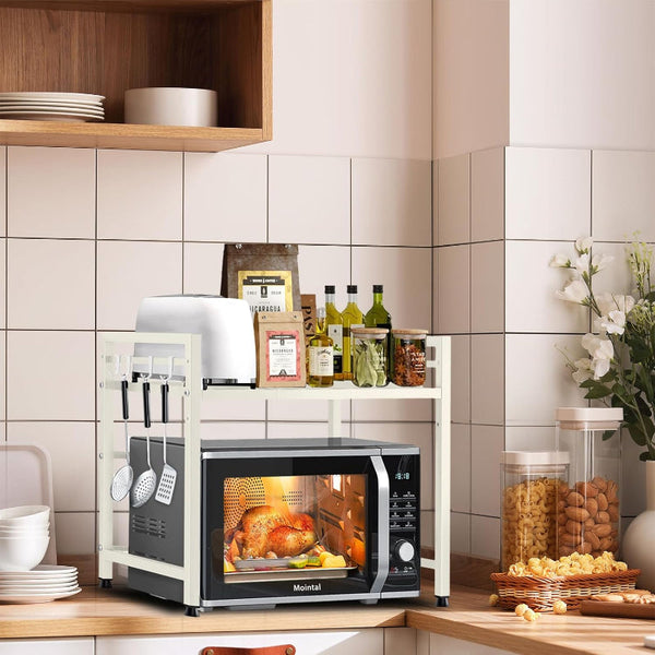 Carla Home 2 Tier Microwave Oven Rack With Adjustable Metal Kitchen Shelf Stand For Countertop Storage And 6 Hooks Utensils (White) Tool Shelving & Ra