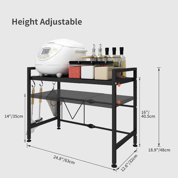 Carla Home 2 Tier Microwave Oven Rack With Adjustable Metal Kitchen Shelf Stand For Countertop Storage And 6 Hooks Utensils (White) Tool Shelving & Ra