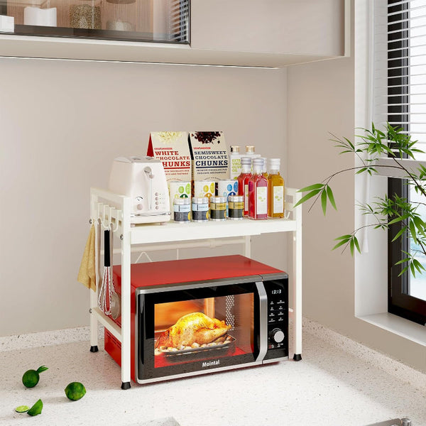 Carla Home 2 Tier Microwave Oven Rack With Adjustable Metal Kitchen Shelf Stand For Countertop Storage And 6 Hooks Utensils (White) Tool Shelving & Ra
