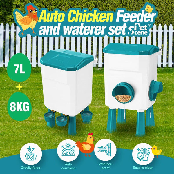 Carla Home Automatic Chicken Feeder Waterer Set With 8Kg Food 7L Capacity For Coop Chickens Ducks Quails (Blue) Backyard Poultry Feeders