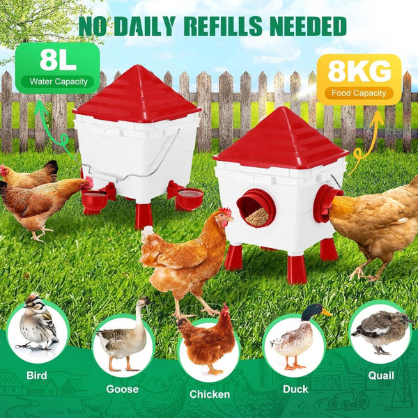 Carla Home Chicken Feeder Waterer Set Automatic Gravity Dispenser With 8Kg Food & 8L Capacity 4 Ports Cups Clean Poultry Feeding For Coop Duck Quail H