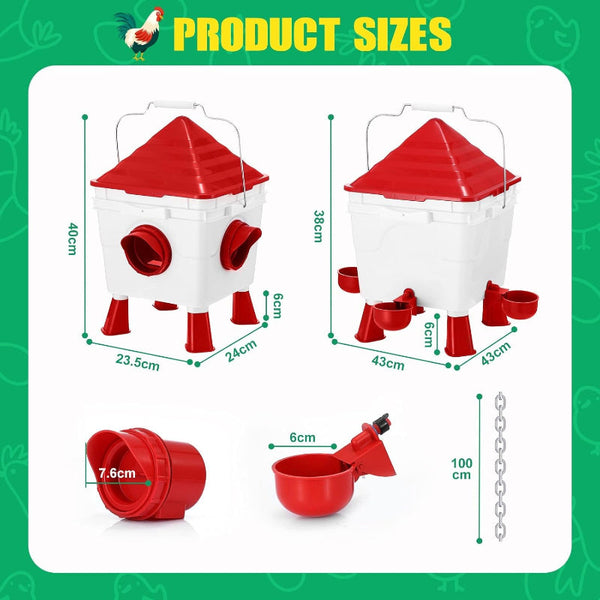 Carla Home Chicken Feeder Waterer Set Automatic Gravity Dispenser With 8Kg Food & 8L Capacity 4 Ports Cups Clean Poultry Feeding For Coop Duck Quail H