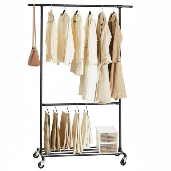 Industrial Clothing Rack Wheels Double Rod Garment Racks