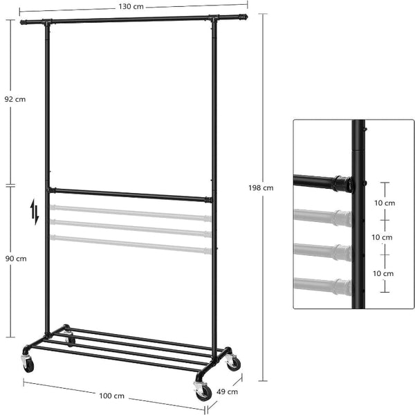 Industrial Clothing Rack Wheels Double Rod Garment Racks