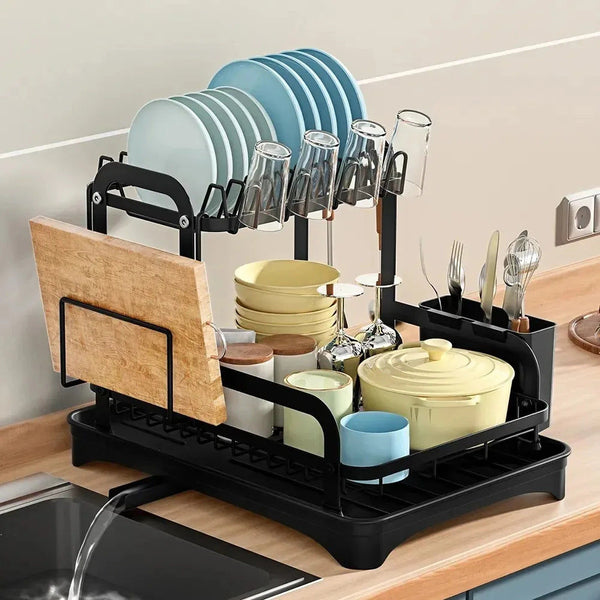 2 Tier Dish Drainer Rack With Basket 32Cm X 42Cm 30Cm Black Sink Organisers