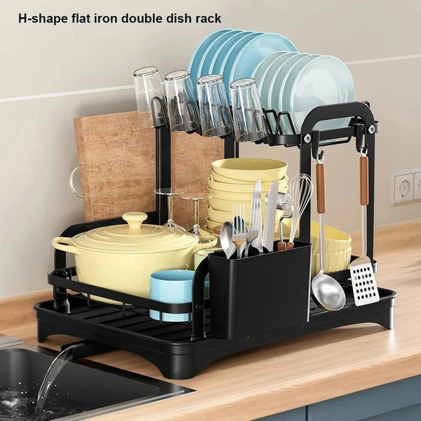 2 Tier Dish Drainer Rack With Basket 32Cm X 42Cm 30Cm Black Sink Organisers