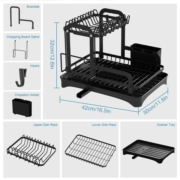 2 Tier Dish Drainer Rack With Basket 32Cm X 42Cm 30Cm Black Sink Organisers