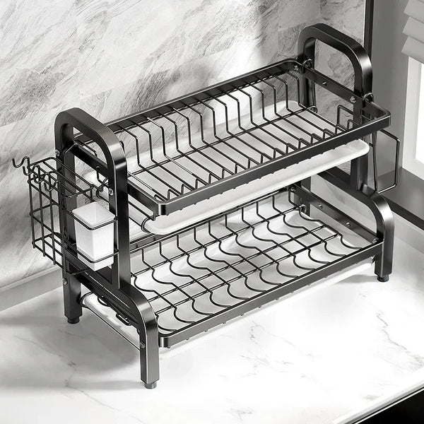 Compact 2 Tier Dish Drying Rack With Drainboard Sink Organisers