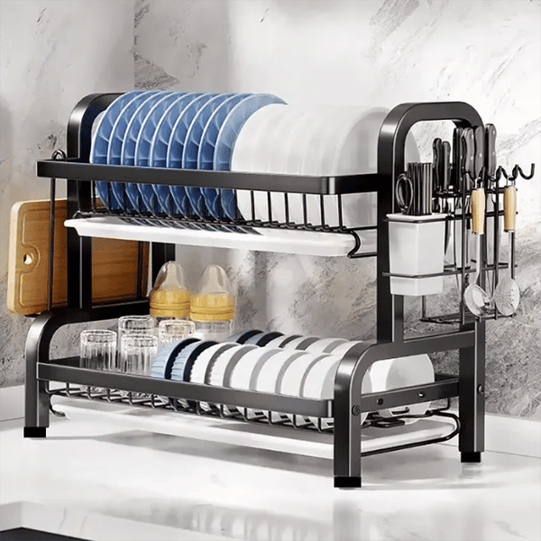 Compact 2 Tier Dish Drying Rack With Drainboard Sink Organisers