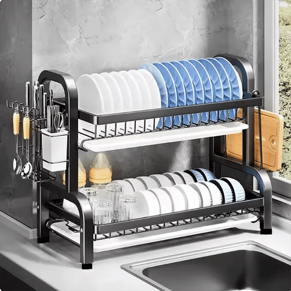 Compact 2 Tier Dish Drying Rack With Drainboard Sink Organisers