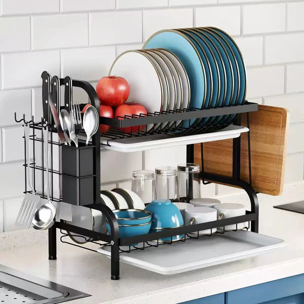 Compact 2 Tier Dish Drying Rack With Drainboard Sink Organisers