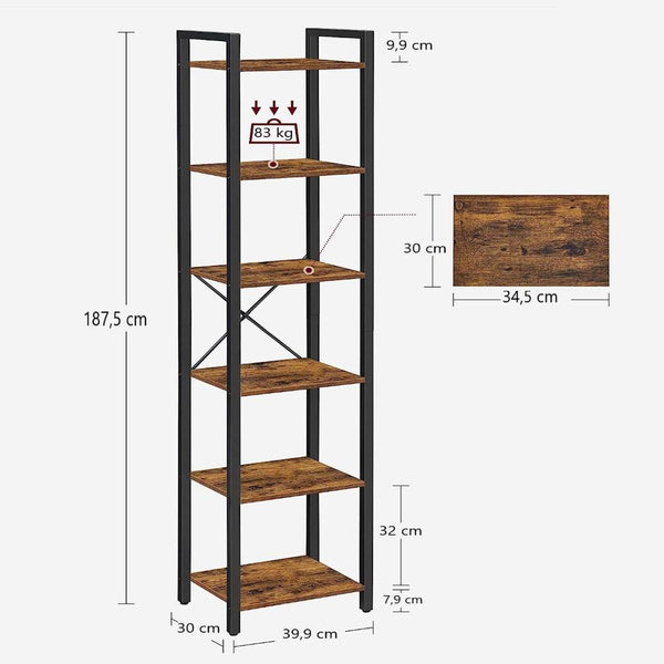 Vikus Small 6 Tier Bookshelf Rustic Brown Black Bookshelves