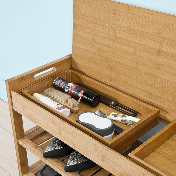 Bamboo Shoe Bench Drawers Lift Top Shoe Organisers
