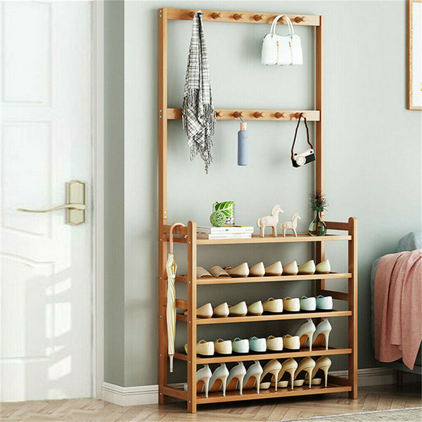 Bamboo 5 Tier Hat Coat Shoe Rack Entryway Bench Hanger Storage Shoe Racks