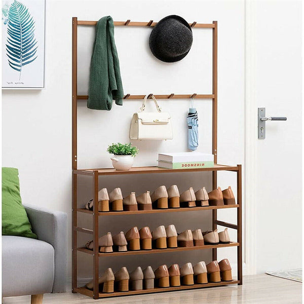Bamboo 5 Tier Hat Coat Shoe Rack Entryway Bench Hanger Storage Shoe Racks