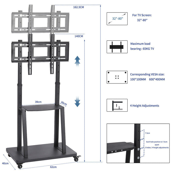 32 80 Rolling Tv Stand With Tier Shelf Adjustable Mount Tv Stands & Entertainment Units