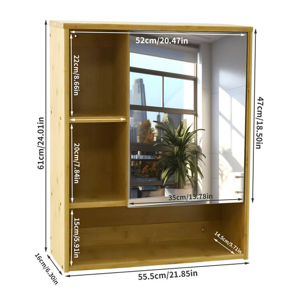Bamboo Wall Medicine Cabinet Mirror 55.5Cm Shelf Cabinets & Cupboards