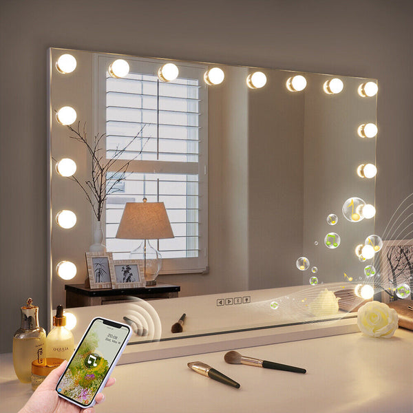 White Bluetooth Hollywood Mirror Rectangle Vanity Wall Light Mirrors
