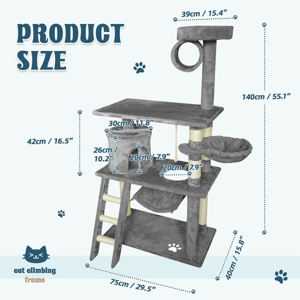 Grey Cat Tree Tower Condo Scratching Post Bed Stand 1.4M Furniture & Scratchers