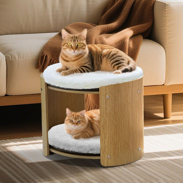 Elevated Double Cat Bed 2 Tier Wooden Plush Kitten Lounge Pet Beds