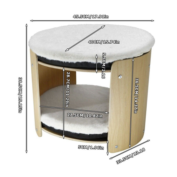 Elevated Double Cat Bed 2 Tier Wooden Plush Kitten Lounge Pet Beds