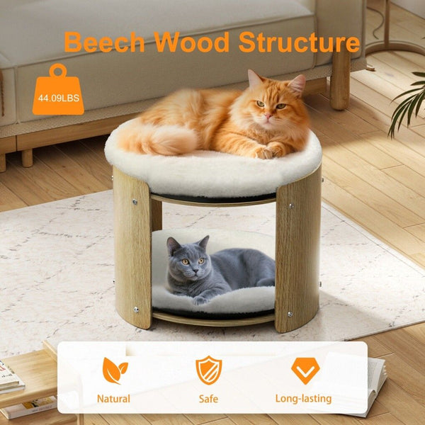 Elevated Double Cat Bed 2 Tier Wooden Plush Kitten Lounge Pet Beds