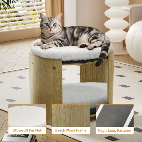 Elevated Double Cat Bed 2 Tier Wooden Plush Kitten Lounge Pet Beds