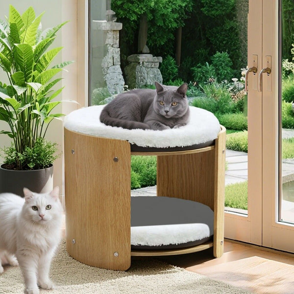 Elevated Double Cat Bed 2 Tier Wooden Plush Kitten Lounge Pet Beds