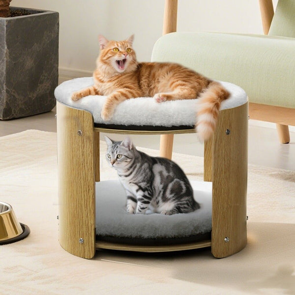 Elevated Double Cat Bed 2 Tier Wooden Plush Kitten Lounge Pet Beds