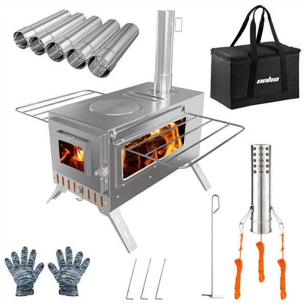 Stainless Steel Wood Burning Stove 1 Burner Camping Bbq With Chimney Camping Stoves