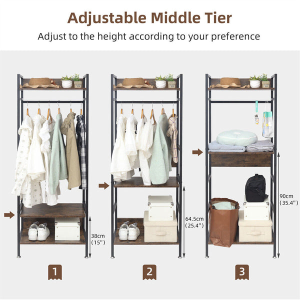Heavy Duty Clothes Rack 3 Tiers Mdf & Metal Iron Rail Garment Racks