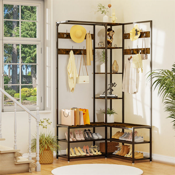 Corner Coat Stand With Shoe Bench Metal & Mdf Organizer Coat & Hat Racks