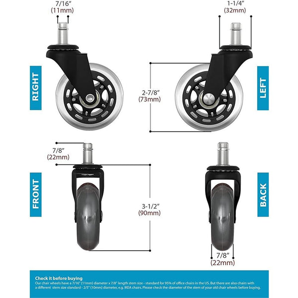 3 Swivel Rollerblade Chair Wheels 7/16 Stem All Floors 5 Pack Castor Wheels