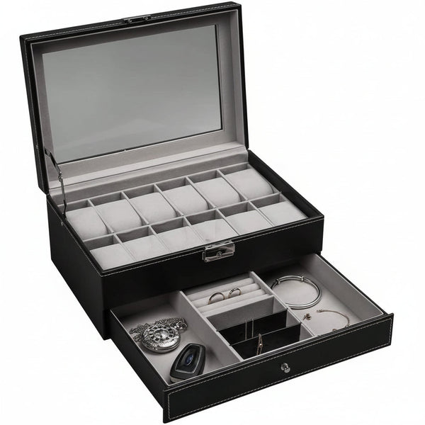12 Slot Pu Leather Lockable Watch And Jewelry Storage Boxes (Black) Jewellery Boxes