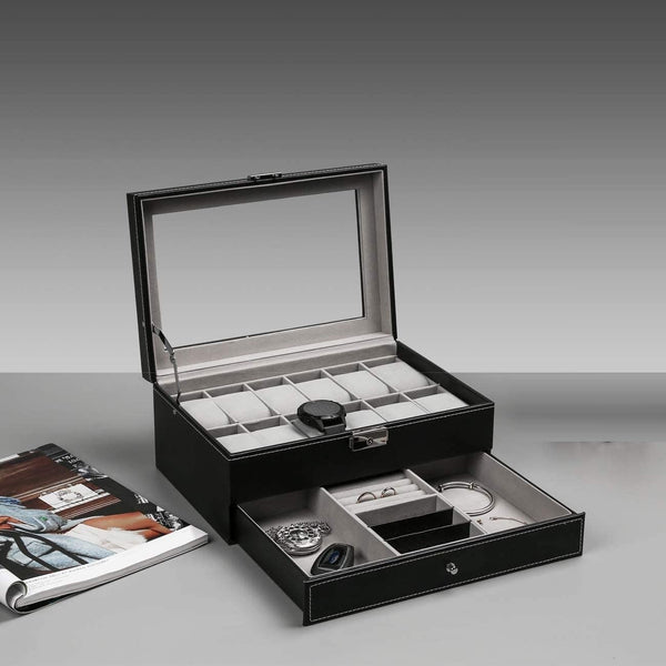 12 Slot Pu Leather Lockable Watch And Jewelry Storage Boxes (Black) Jewellery Boxes