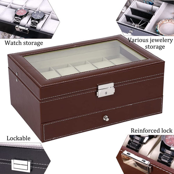 12 Slot Pu Leather Lockable Watch And Jewelry Storage Boxes (Brown) Jewellery Boxes