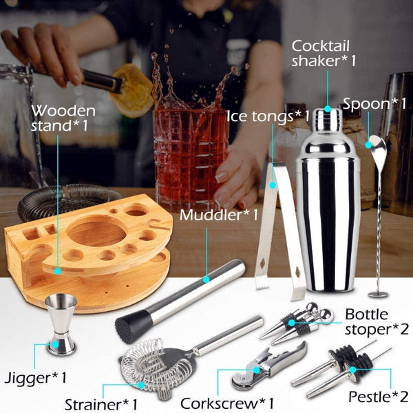 tail Shaker Set Bartender Kit With Bamboo Frame And 12 Pieces Stainless Steel Tool tail Shakers & Sets
