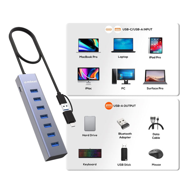 Mbeat 7 Port Usb Hub With Dual Usb A & Usb C Connector Usb Cables Hubs & Adapters