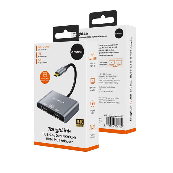 Mbeat Tough Link Usb C Dual 4K/60Hz Hdmi Mst Adapter Space Grey A/V Cables & Adapters
