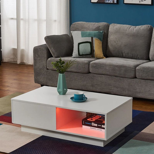 Led High Gloss Top White Coffee Table With Single Drawer Coffee Tables